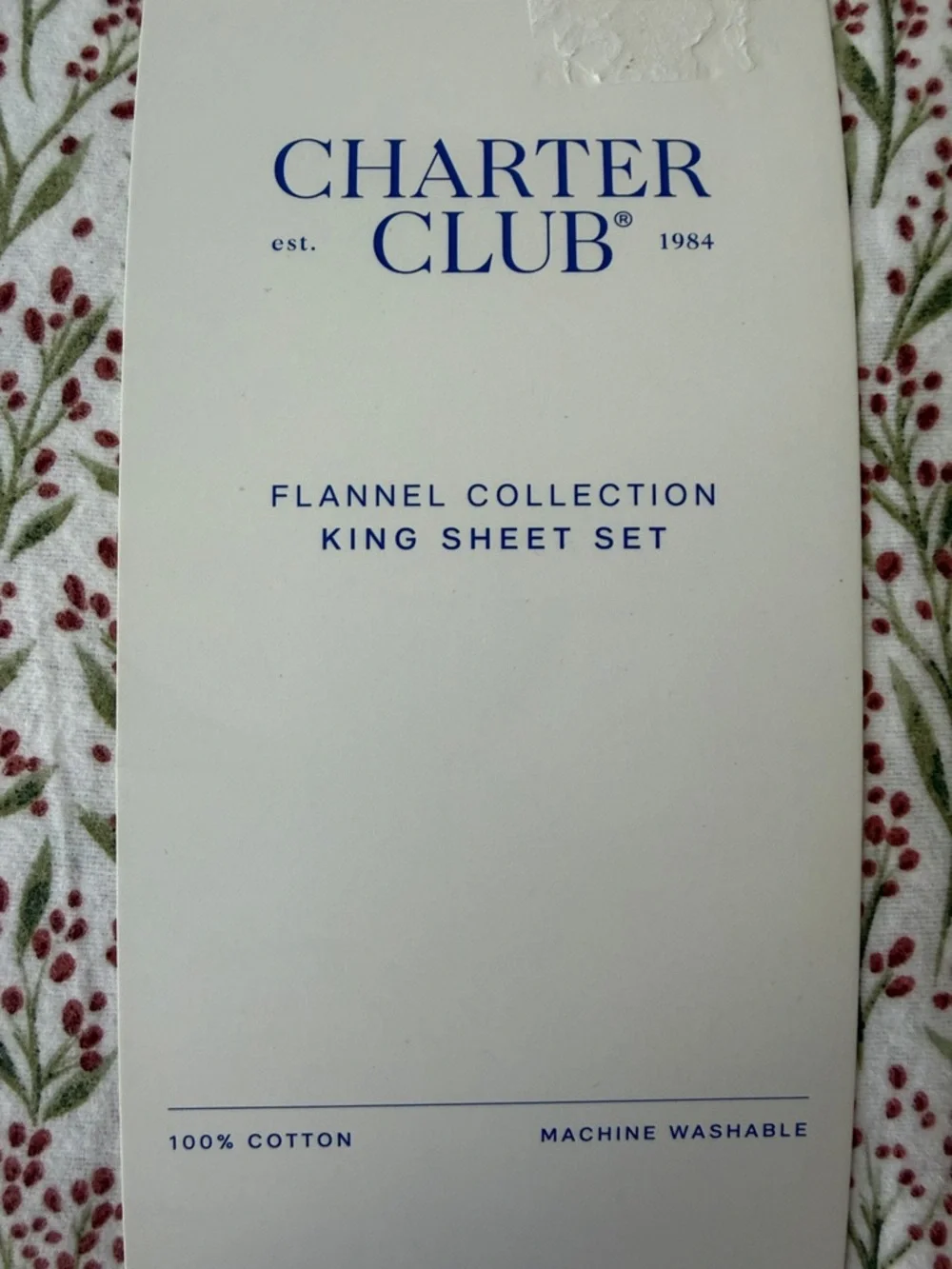Charter Club White Flannel Sheet Set with Green Leaf & Red Berry Motif